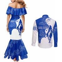 Uruguay Couples Matching Mermaid Dress and Long Sleeve Button Shirt with Gaucho Rider Illustration Blue White Swirl - Wonder Print Shop