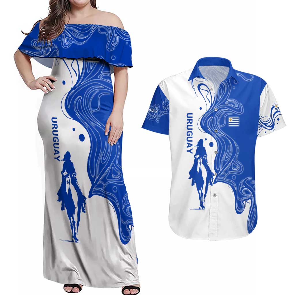 Uruguay Couples Matching Off Shoulder Maxi Dress and Hawaiian Shirt with Gaucho Rider Illustration Blue White Swirl - Wonder Print Shop