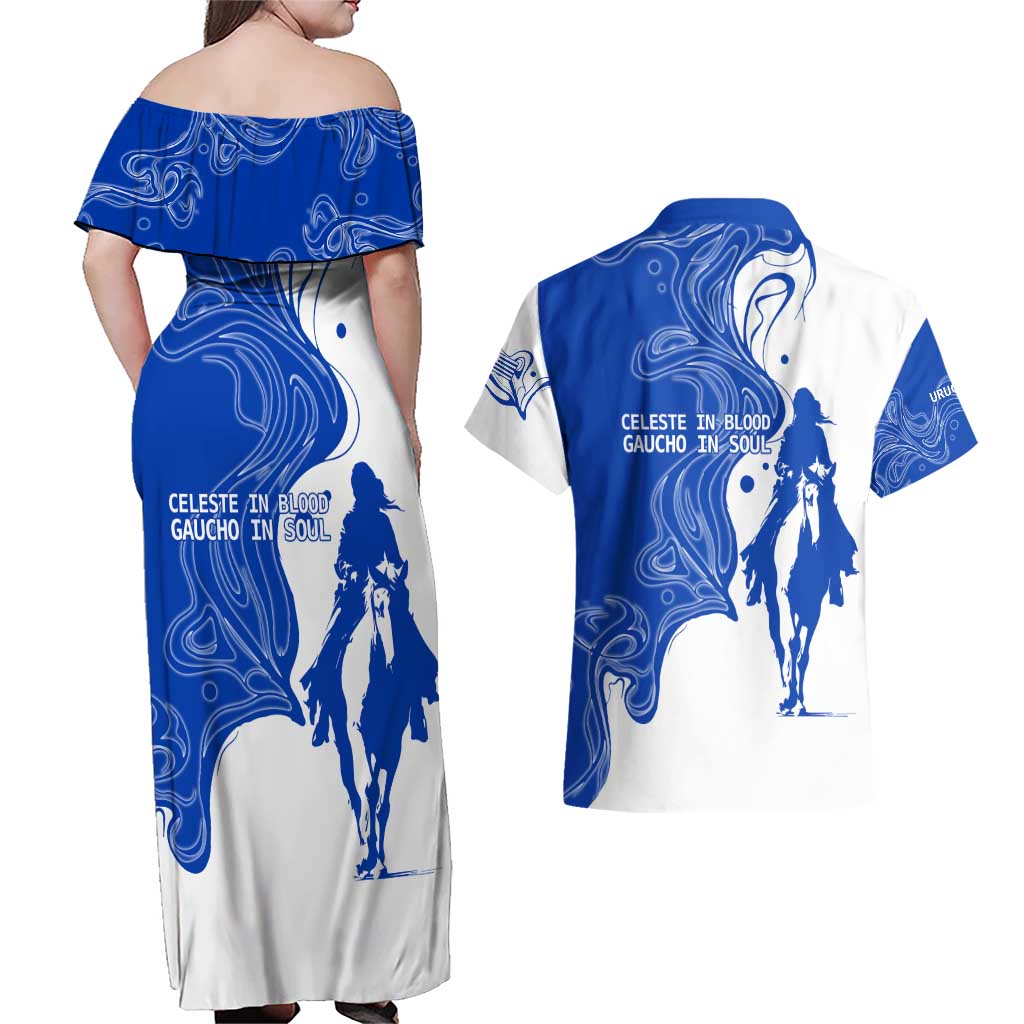 Uruguay Couples Matching Off Shoulder Maxi Dress and Hawaiian Shirt with Gaucho Rider Illustration Blue White Swirl - Wonder Print Shop