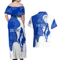 Uruguay Couples Matching Off Shoulder Maxi Dress and Hawaiian Shirt with Gaucho Rider Illustration Blue White Swirl - Wonder Print Shop