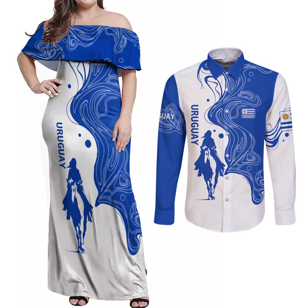 Uruguay Couples Matching Off Shoulder Maxi Dress and Long Sleeve Button Shirt with Gaucho Rider Illustration Blue White Swirl - Wonder Print Shop