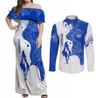 Uruguay Couples Matching Off Shoulder Maxi Dress and Long Sleeve Button Shirt with Gaucho Rider Illustration Blue White Swirl - Wonder Print Shop