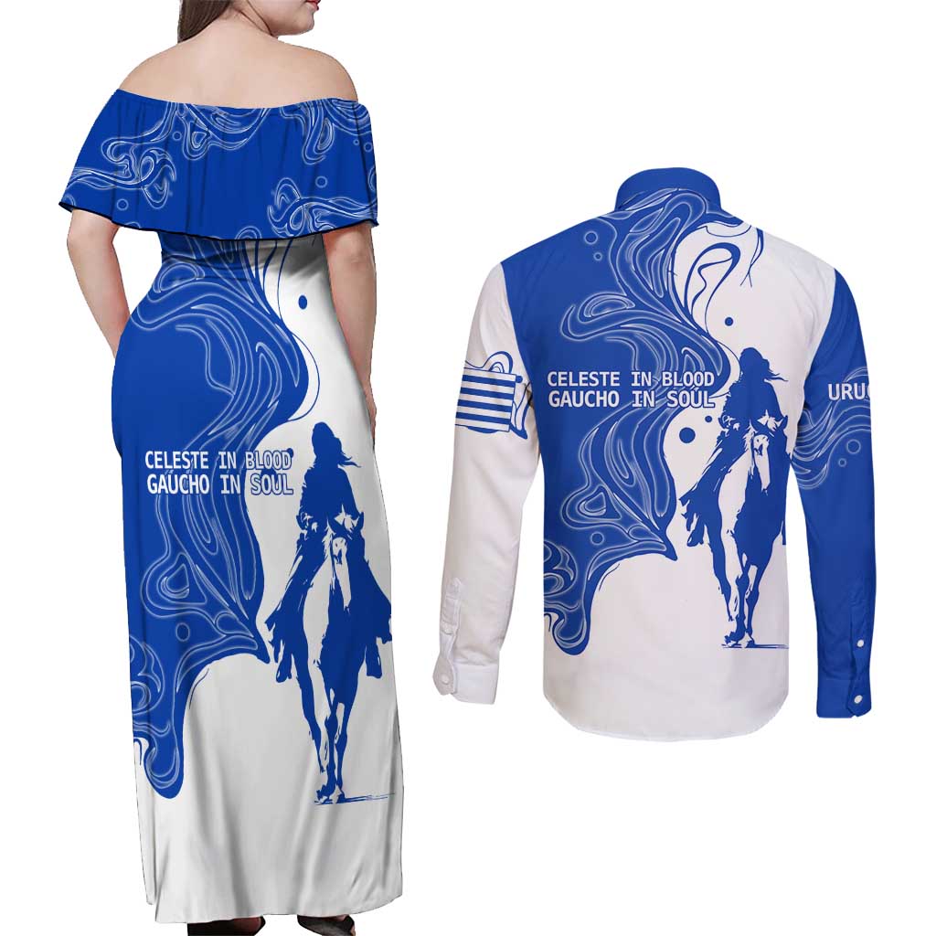 Uruguay Couples Matching Off Shoulder Maxi Dress and Long Sleeve Button Shirt with Gaucho Rider Illustration Blue White Swirl - Wonder Print Shop