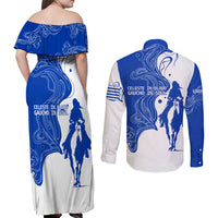Uruguay Couples Matching Off Shoulder Maxi Dress and Long Sleeve Button Shirt with Gaucho Rider Illustration Blue White Swirl - Wonder Print Shop