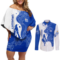 Uruguay Couples Matching Off Shoulder Short Dress and Long Sleeve Button Shirt with Gaucho Rider Illustration Blue White Swirl - Wonder Print Shop