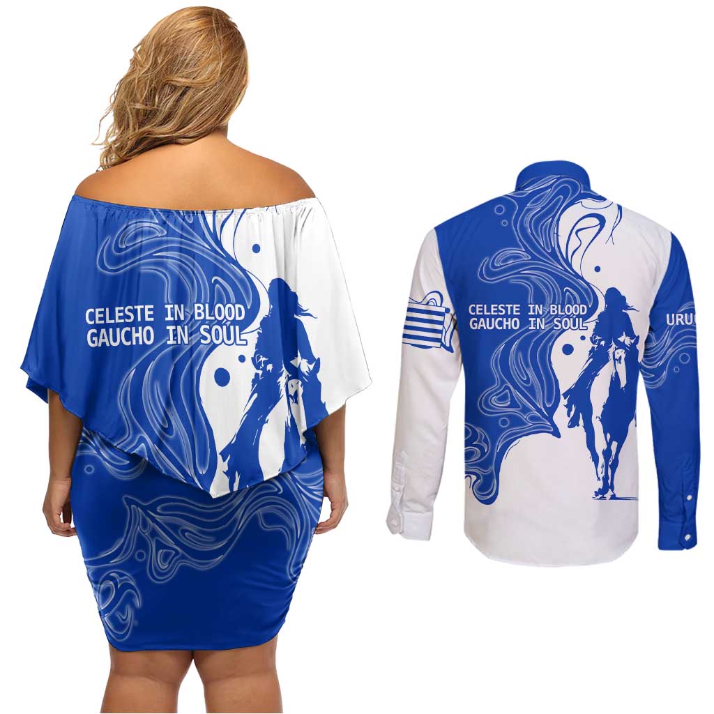 Uruguay Couples Matching Off Shoulder Short Dress and Long Sleeve Button Shirt with Gaucho Rider Illustration Blue White Swirl - Wonder Print Shop