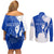 Uruguay Couples Matching Off Shoulder Short Dress and Long Sleeve Button Shirt with Gaucho Rider Illustration Blue White Swirl - Wonder Print Shop
