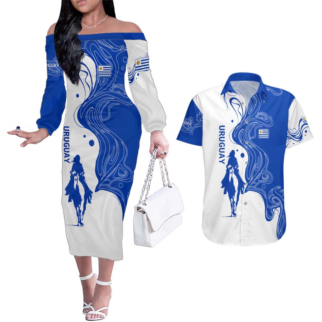 Uruguay Couples Matching Off The Shoulder Long Sleeve Dress and Hawaiian Shirt with Gaucho Rider Illustration Blue White Swirl - Wonder Print Shop