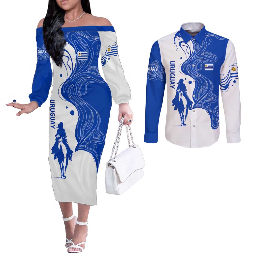 Uruguay Couples Matching Off The Shoulder Long Sleeve Dress and Long Sleeve Button Shirt with Gaucho Rider Illustration Blue White Swirl - Wonder Print Shop