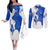Uruguay Couples Matching Off The Shoulder Long Sleeve Dress and Long Sleeve Button Shirt with Gaucho Rider Illustration Blue White Swirl - Wonder Print Shop