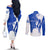 Uruguay Couples Matching Off The Shoulder Long Sleeve Dress and Long Sleeve Button Shirt with Gaucho Rider Illustration Blue White Swirl - Wonder Print Shop