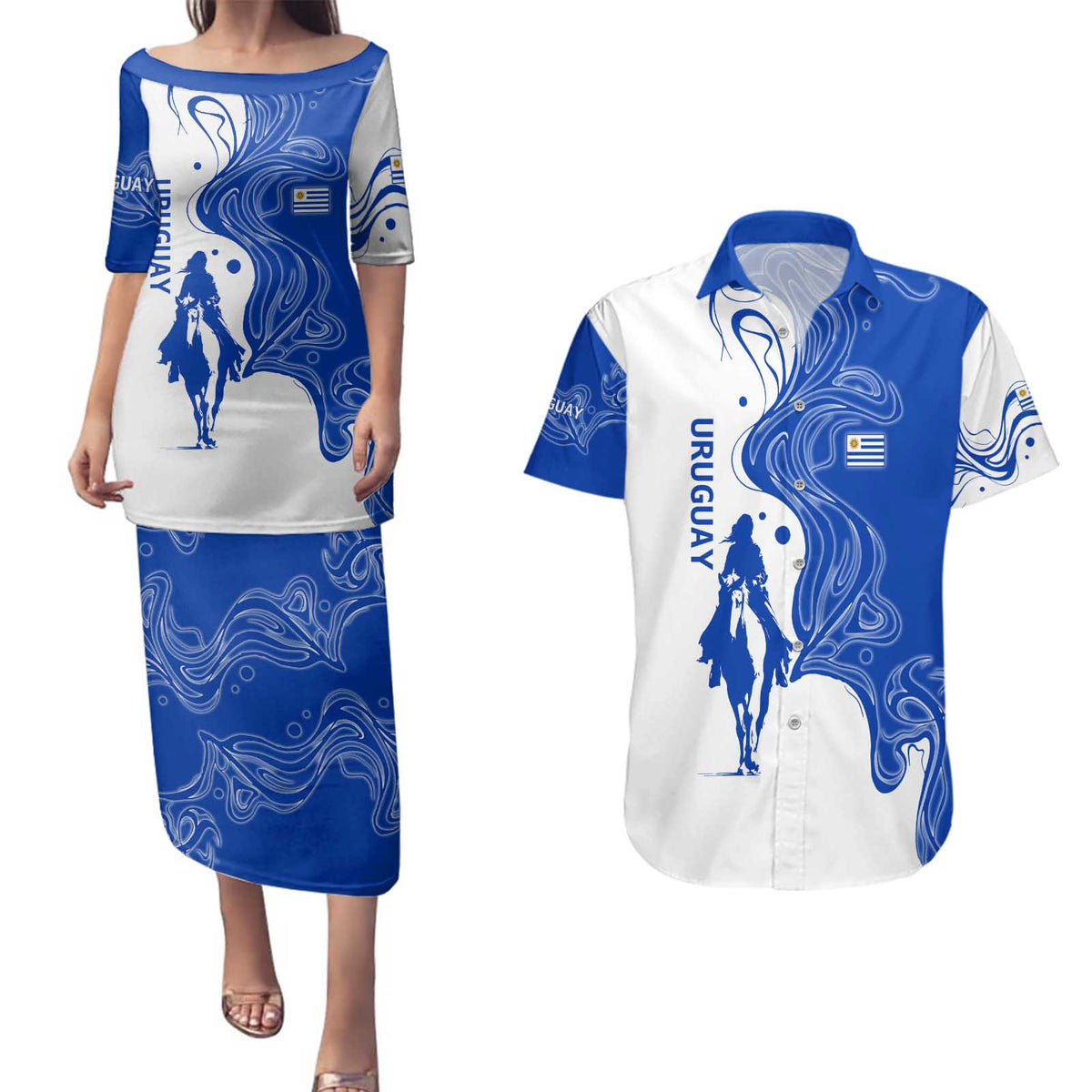 Uruguay Couples Matching Puletasi and Hawaiian Shirt with Gaucho Rider Illustration Blue White Swirl - Wonder Print Shop