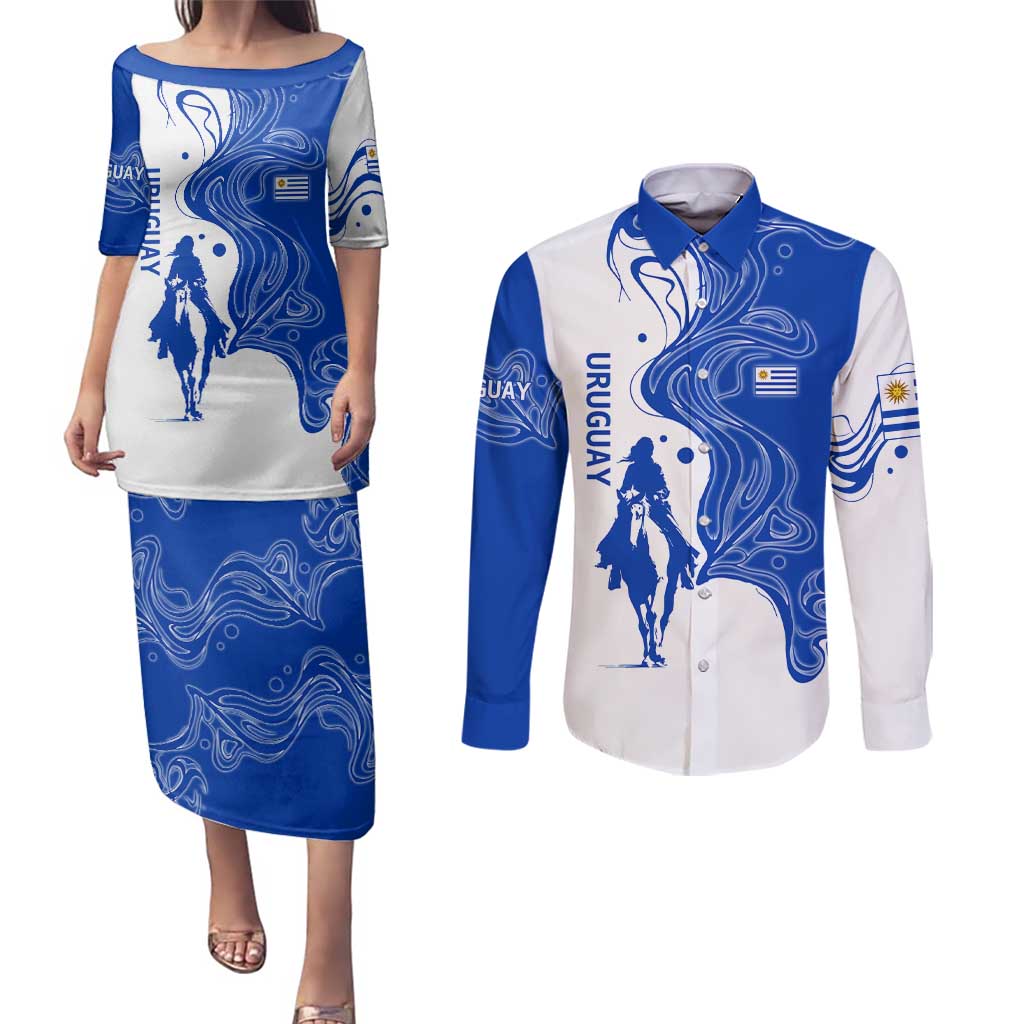 Uruguay Couples Matching Puletasi and Long Sleeve Button Shirt with Gaucho Rider Illustration Blue White Swirl - Wonder Print Shop