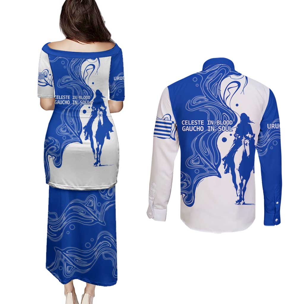 Uruguay Couples Matching Puletasi and Long Sleeve Button Shirt with Gaucho Rider Illustration Blue White Swirl - Wonder Print Shop