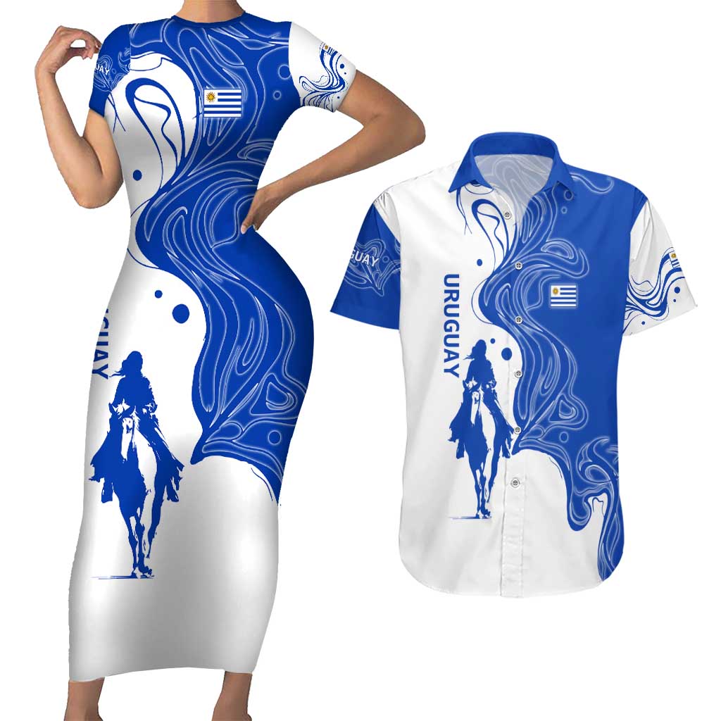 Uruguay Couples Matching Short Sleeve Bodycon Dress and Hawaiian Shirt with Gaucho Rider Illustration Blue White Swirl - Wonder Print Shop