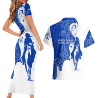 Uruguay Couples Matching Short Sleeve Bodycon Dress and Hawaiian Shirt with Gaucho Rider Illustration Blue White Swirl - Wonder Print Shop