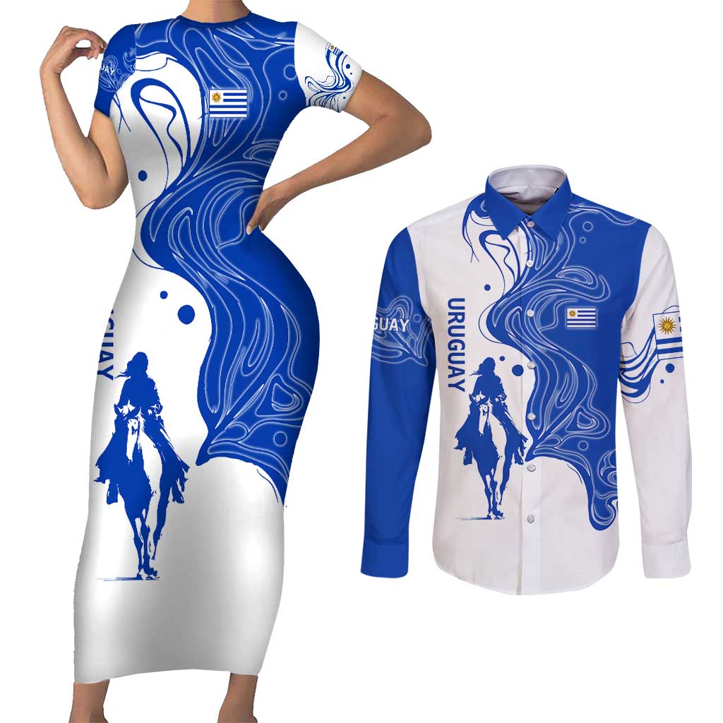 Uruguay Couples Matching Short Sleeve Bodycon Dress and Long Sleeve Button Shirt with Gaucho Rider Illustration Blue White Swirl - Wonder Print Shop