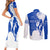 Uruguay Couples Matching Short Sleeve Bodycon Dress and Long Sleeve Button Shirt with Gaucho Rider Illustration Blue White Swirl - Wonder Print Shop