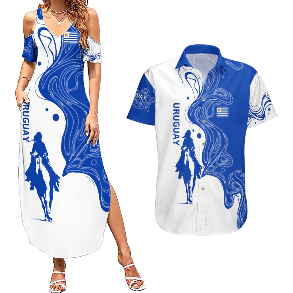 Uruguay Couples Matching Summer Maxi Dress and Hawaiian Shirt with Gaucho Rider Illustration Blue White Swirl - Wonder Print Shop