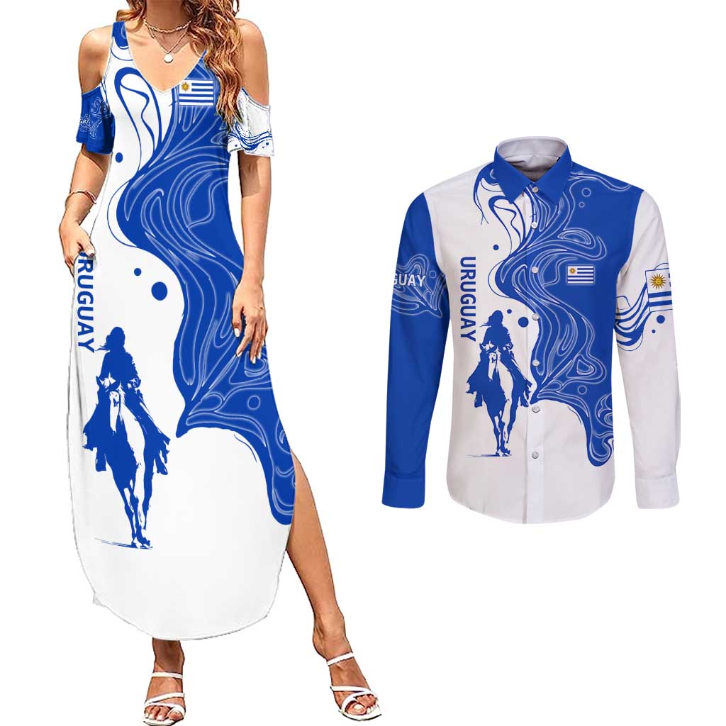 Uruguay Couples Matching Summer Maxi Dress and Long Sleeve Button Shirt with Gaucho Rider Illustration Blue White Swirl - Wonder Print Shop