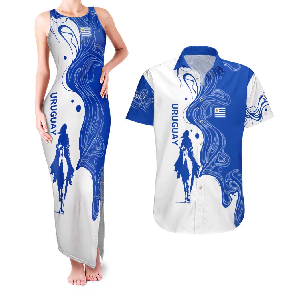 Uruguay Couples Matching Tank Maxi Dress and Hawaiian Shirt with Gaucho Rider Illustration Blue White Swirl - Wonder Print Shop