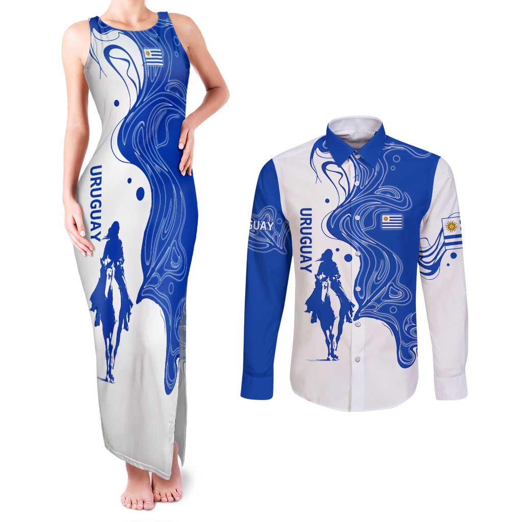 Uruguay Couples Matching Tank Maxi Dress and Long Sleeve Button Shirt with Gaucho Rider Illustration Blue White Swirl - Wonder Print Shop