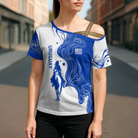 Uruguay Cross Shoulder Shirt with Gaucho Rider Illustration Blue White Swirl - Wonder Print Shop