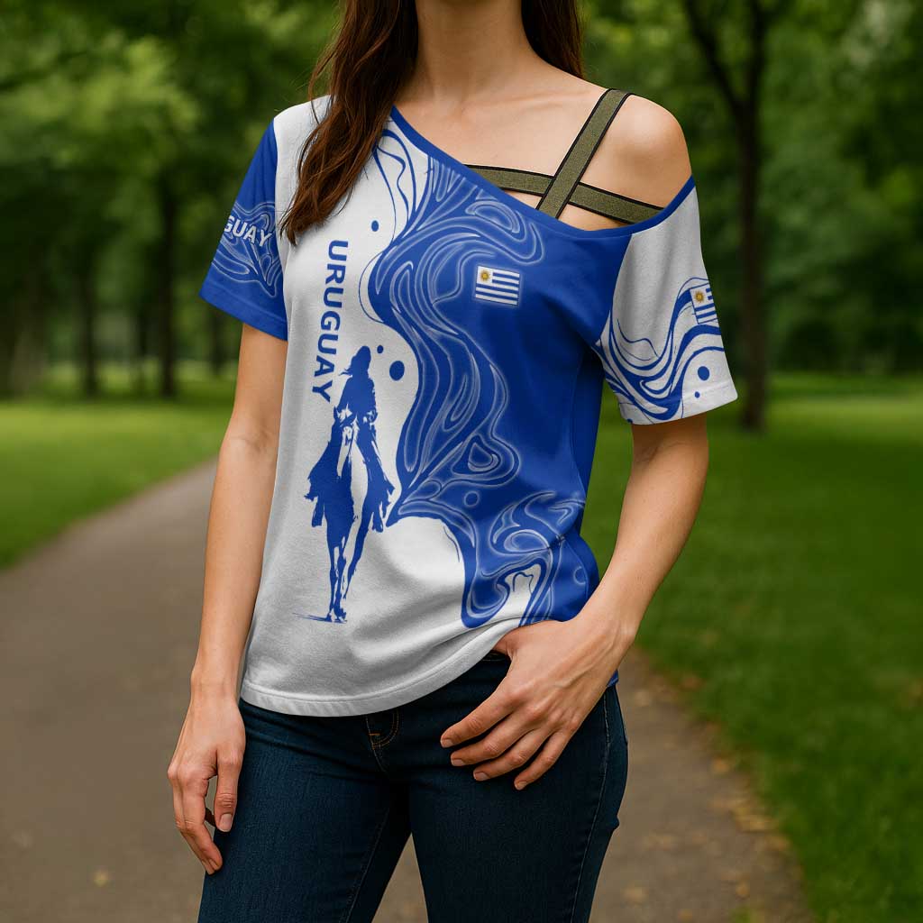 Uruguay Cross Shoulder Shirt with Gaucho Rider Illustration Blue White Swirl - Wonder Print Shop