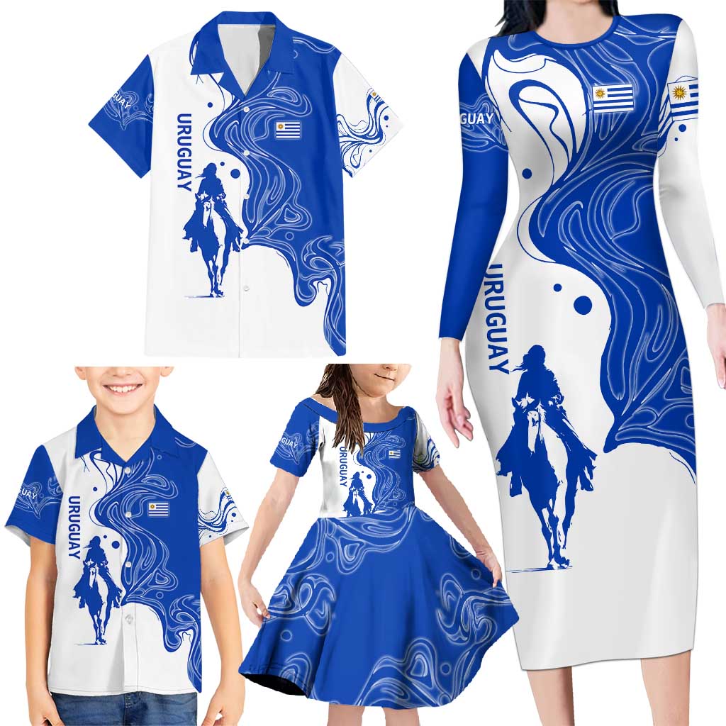 Uruguay Family Matching Long Sleeve Bodycon Dress and Hawaiian Shirt with Gaucho Rider Illustration Blue White Swirl - Wonder Print Shop