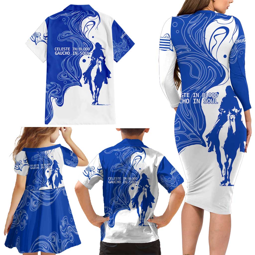 Uruguay Family Matching Long Sleeve Bodycon Dress and Hawaiian Shirt with Gaucho Rider Illustration Blue White Swirl - Wonder Print Shop