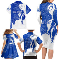 Uruguay Family Matching Long Sleeve Bodycon Dress and Hawaiian Shirt with Gaucho Rider Illustration Blue White Swirl - Wonder Print Shop