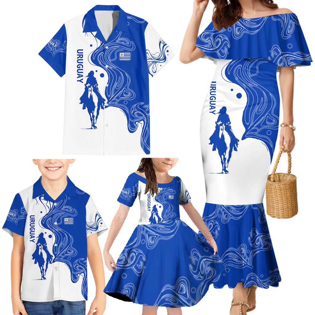 Uruguay Family Matching Mermaid Dress and Hawaiian Shirt with Gaucho Rider Illustration Blue White Swirl - Wonder Print Shop