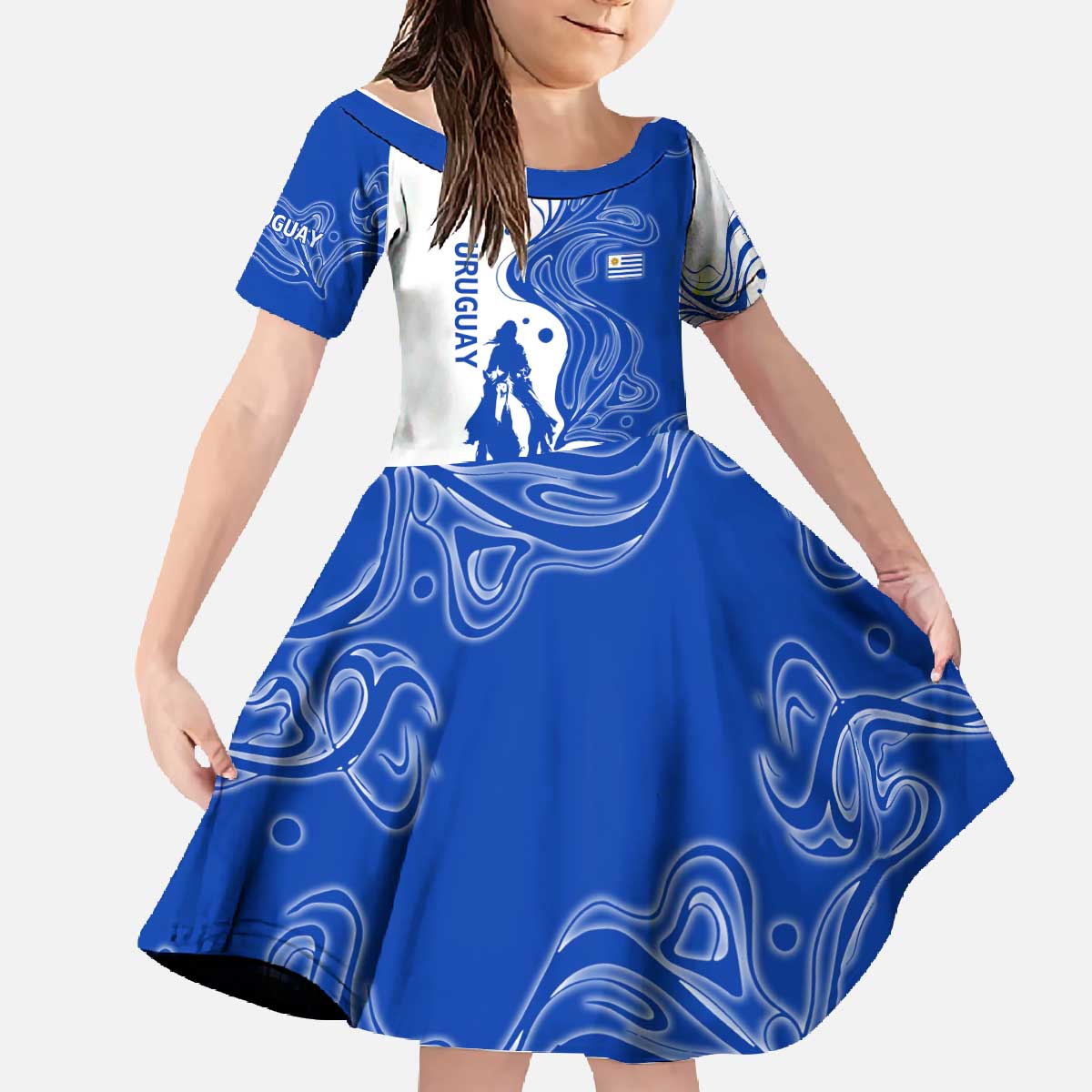 Uruguay Family Matching Off The Shoulder Long Sleeve Dress and Hawaiian Shirt with Gaucho Rider Illustration Blue White Swirl - Wonder Print Shop