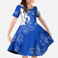 Uruguay Family Matching Off The Shoulder Long Sleeve Dress and Hawaiian Shirt with Gaucho Rider Illustration Blue White Swirl - Wonder Print Shop