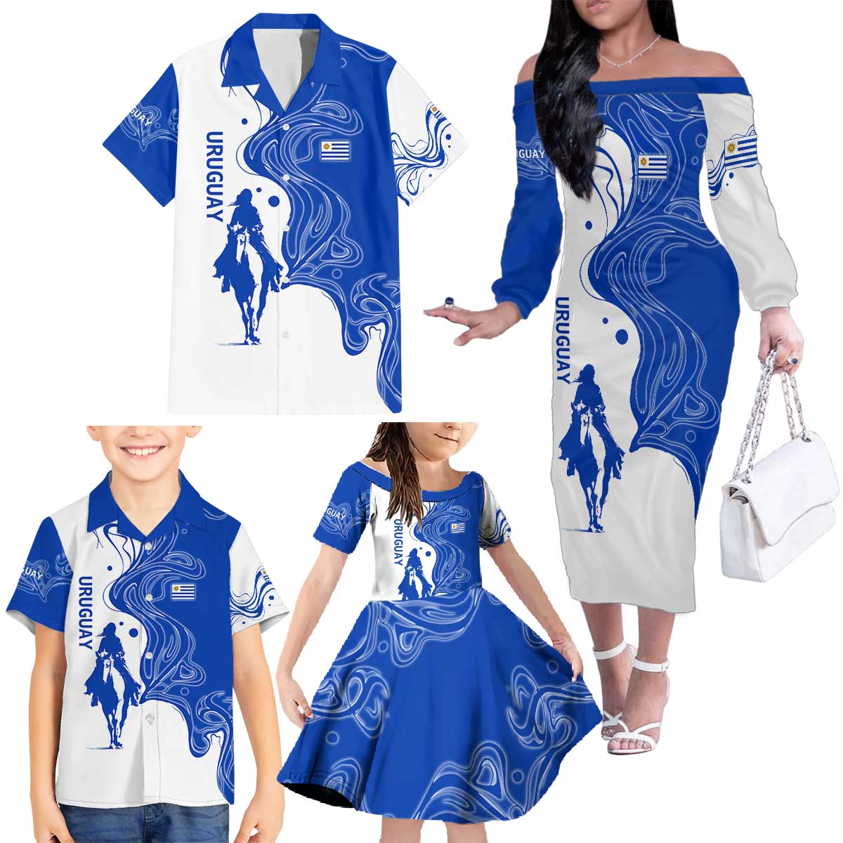 Uruguay Family Matching Off The Shoulder Long Sleeve Dress and Hawaiian Shirt with Gaucho Rider Illustration Blue White Swirl - Wonder Print Shop