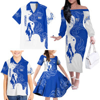 Uruguay Family Matching Off The Shoulder Long Sleeve Dress and Hawaiian Shirt with Gaucho Rider Illustration Blue White Swirl - Wonder Print Shop