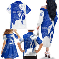 Uruguay Family Matching Off The Shoulder Long Sleeve Dress and Hawaiian Shirt with Gaucho Rider Illustration Blue White Swirl - Wonder Print Shop