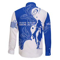 Uruguay Family Matching Off The Shoulder Long Sleeve Dress and Hawaiian Shirt with Gaucho Rider Illustration Blue White Swirl - Wonder Print Shop