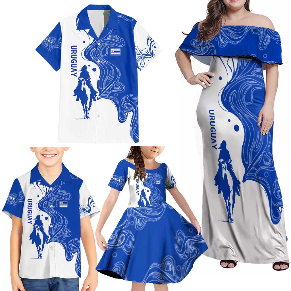 Uruguay Family Matching Off Shoulder Maxi Dress and Hawaiian Shirt with Gaucho Rider Illustration Blue White Swirl - Wonder Print Shop
