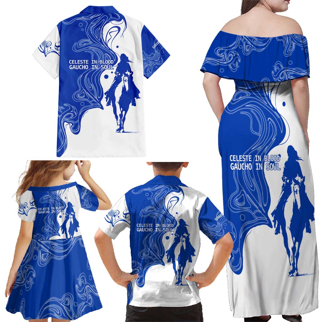 Uruguay Family Matching Off Shoulder Maxi Dress and Hawaiian Shirt with Gaucho Rider Illustration Blue White Swirl - Wonder Print Shop