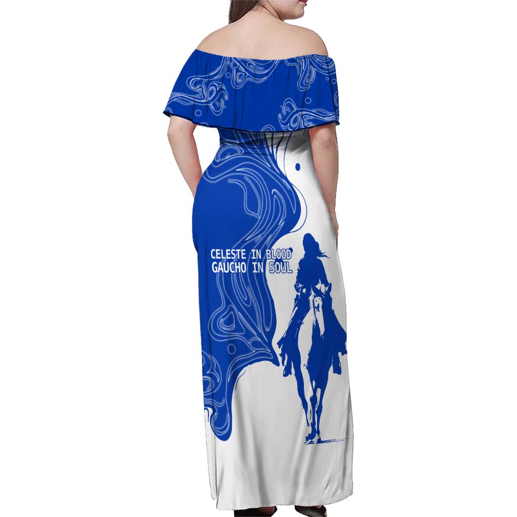 Uruguay Family Matching Off Shoulder Maxi Dress and Hawaiian Shirt with Gaucho Rider Illustration Blue White Swirl - Wonder Print Shop