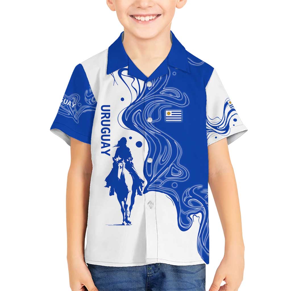 Uruguay Family Matching Off Shoulder Maxi Dress and Hawaiian Shirt with Gaucho Rider Illustration Blue White Swirl - Wonder Print Shop