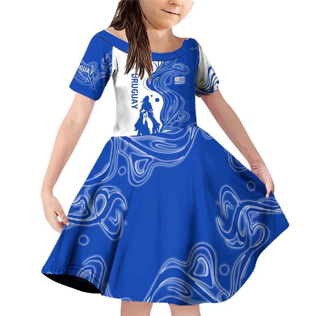 Uruguay Family Matching Off Shoulder Short Dress and Hawaiian Shirt with Gaucho Rider Illustration Blue White Swirl - Wonder Print Shop