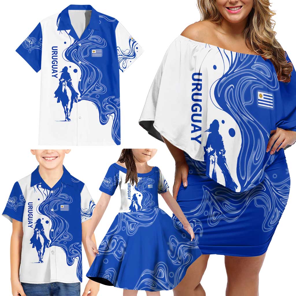 Uruguay Family Matching Off Shoulder Short Dress and Hawaiian Shirt with Gaucho Rider Illustration Blue White Swirl - Wonder Print Shop