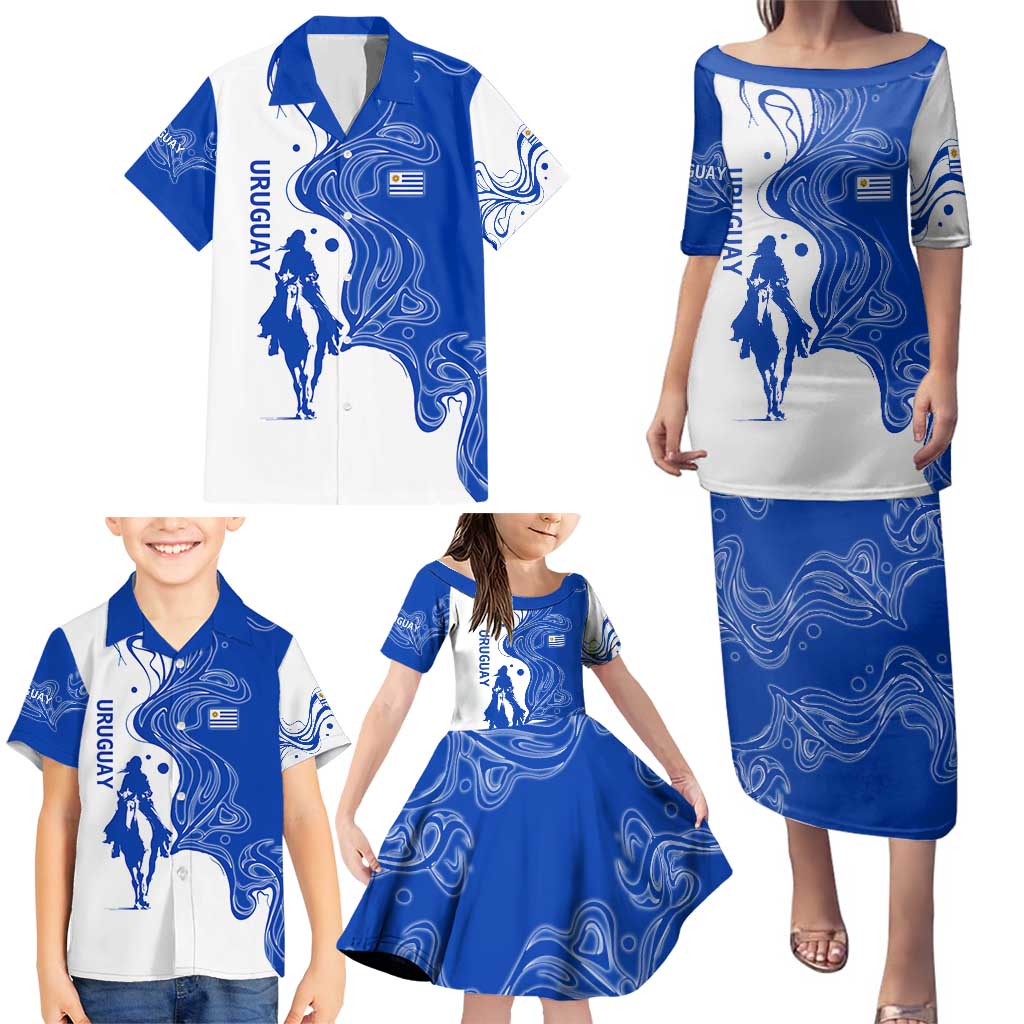Uruguay Family Matching Puletasi and Hawaiian Shirt with Gaucho Rider Illustration Blue White Swirl - Wonder Print Shop