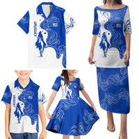 Uruguay Family Matching Puletasi and Hawaiian Shirt with Gaucho Rider Illustration Blue White Swirl - Wonder Print Shop