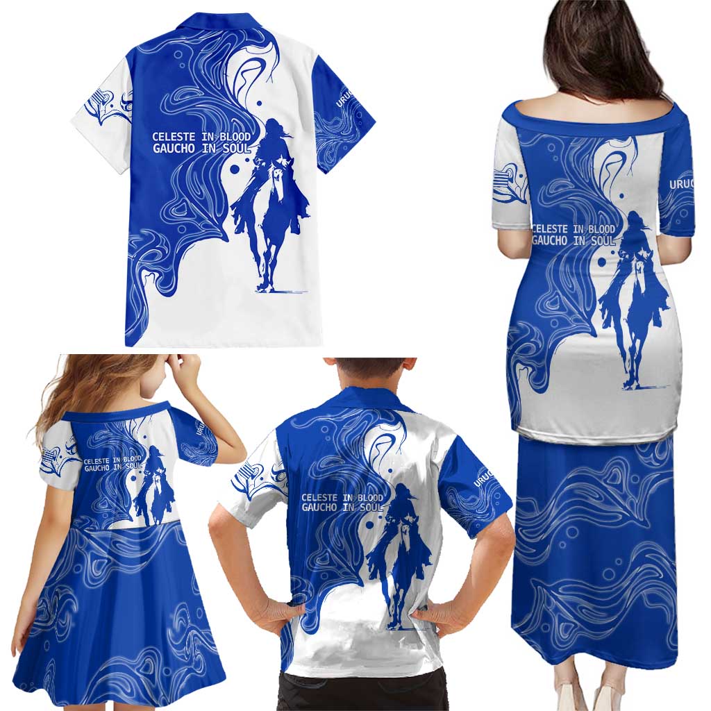 Uruguay Family Matching Puletasi and Hawaiian Shirt with Gaucho Rider Illustration Blue White Swirl - Wonder Print Shop