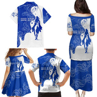 Uruguay Family Matching Puletasi and Hawaiian Shirt with Gaucho Rider Illustration Blue White Swirl - Wonder Print Shop
