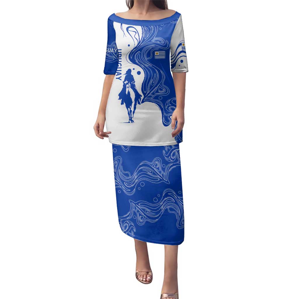 Uruguay Family Matching Puletasi and Hawaiian Shirt with Gaucho Rider Illustration Blue White Swirl - Wonder Print Shop