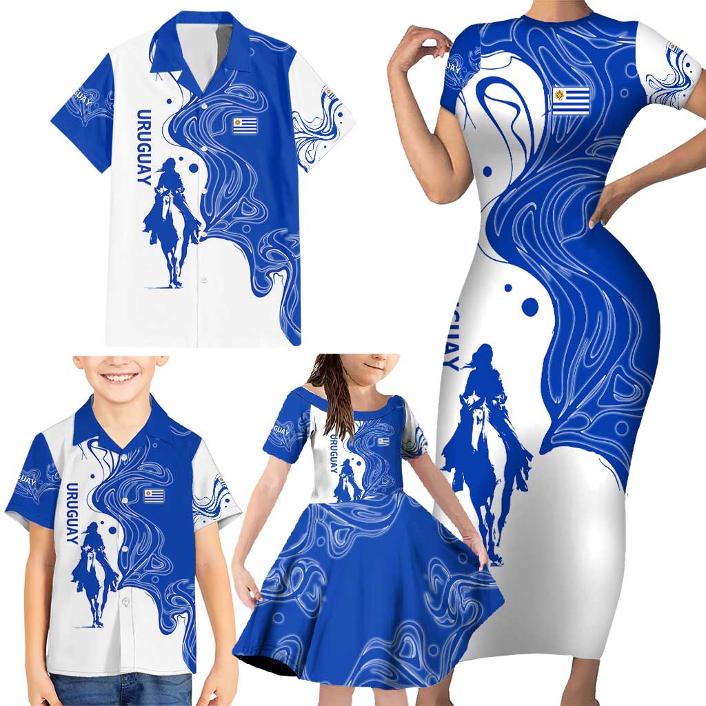 Uruguay Family Matching Short Sleeve Bodycon Dress and Hawaiian Shirt with Gaucho Rider Illustration Blue White Swirl - Wonder Print Shop